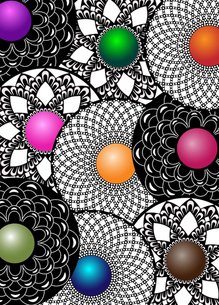 Nueve mandalas blancas y negras con centros de colores