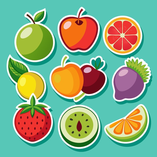 Nueve pegatinas coloridas con imágenes de frutas frescas, incluida una manzana, limón, lima, naranja, pomelo, melocotón, ciruela, kiwi y fresa