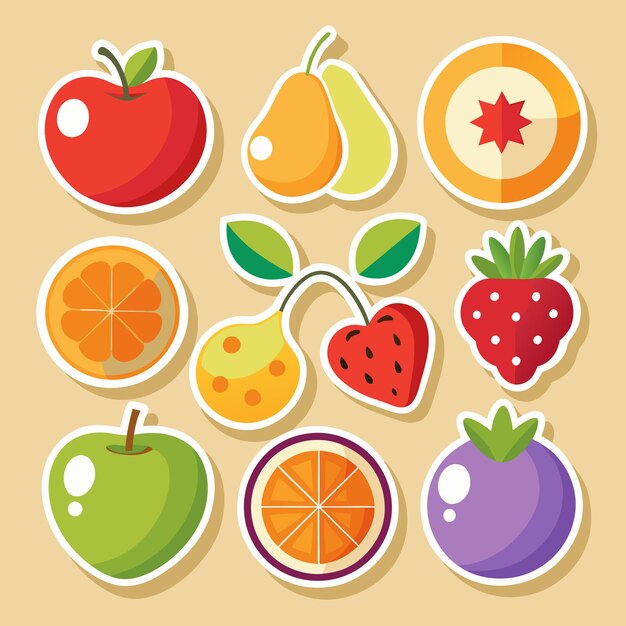 Nueve pegatinas de frutas de colores en un fondo beige