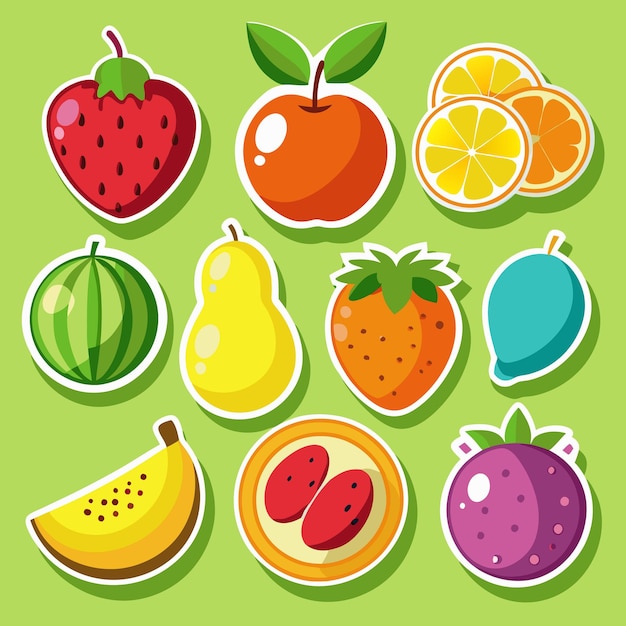 Nueve pegatinas de frutas coloridas sobre un fondo verde
