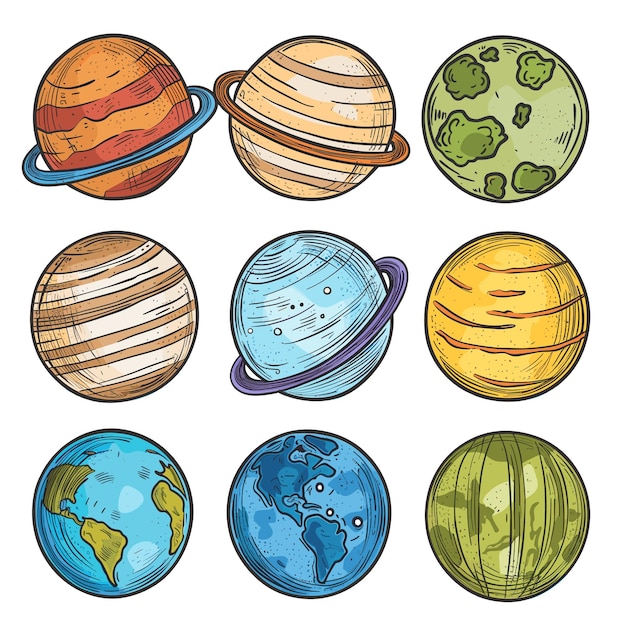 Nueve planetas coloridos dispuestos al estilo de dibujos animados dibujados a mano Materiales educativos de ciencia planetaria espacio