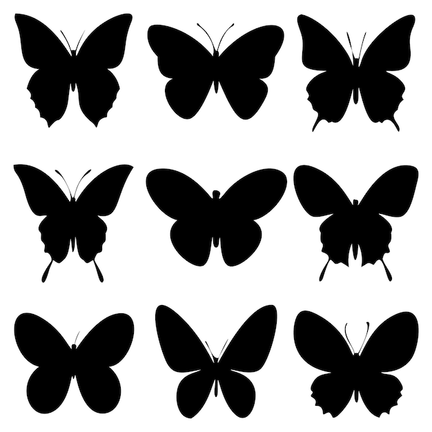 Nueve siluetas de mariposas negras contra un fondo blanco