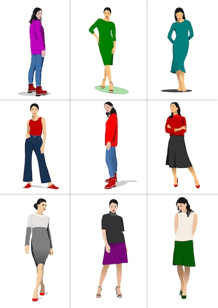 Vector nueve siluetas de mujer de moda