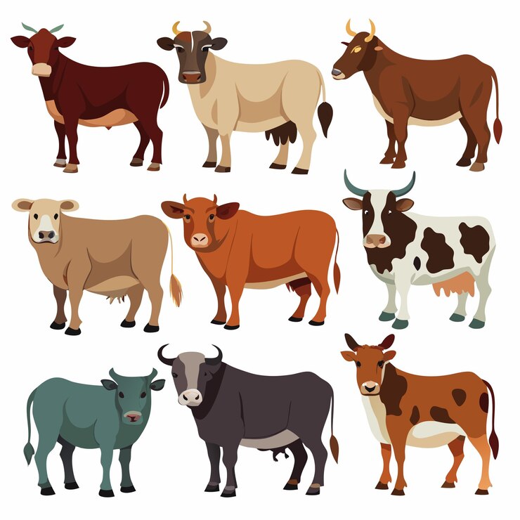 Vector nueve vacas lecheras de diferentes razas en estilo plano de pie sobre un fondo blanco