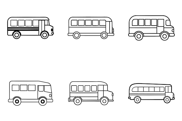 Nueve vistas diferentes de un autobús escolar de arte de línea simple
