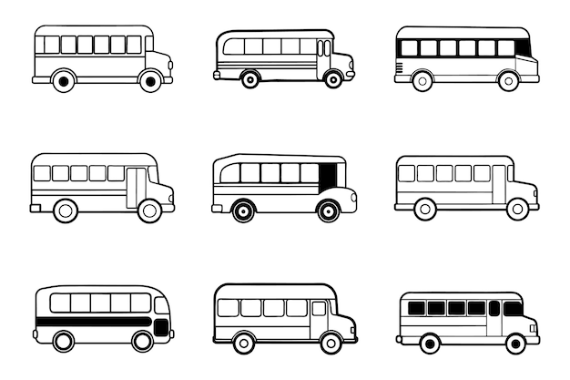 Nueve vistas diferentes de un autobús escolar de arte de línea simple