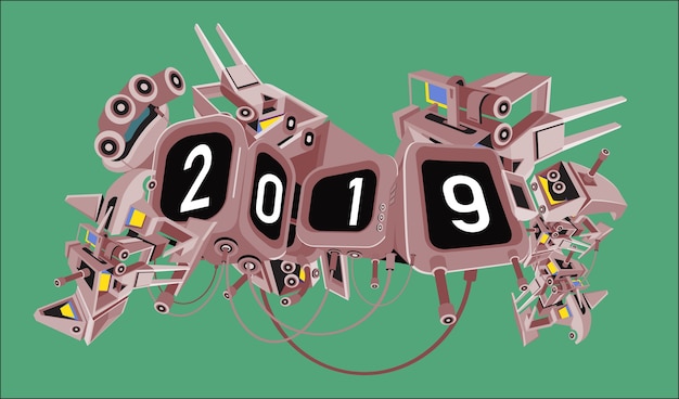 Nuevo año 2019 texto con fondo robótico de ciencia ficción digital