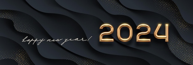 Nuevo año 2024 logotipo dorado en fondo de ondas negras abstractas Diseño de saludo