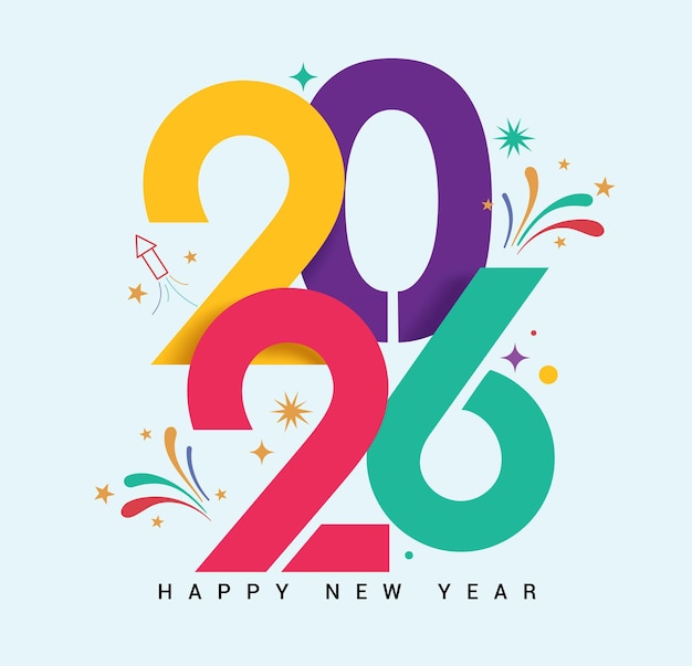 Nuevo año 2026 diseño de clipart de tipografía colorida texto de saludos de feliz año nuevo con el logotipo 2026