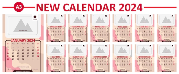 Vector nuevo calendario 2024 vector a3 tema pastel