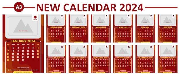 Vector nuevo calendario 2024 vector a3 tema rojo