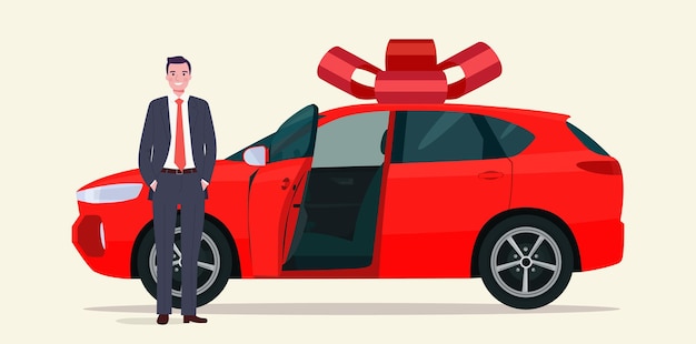 Nuevo coche CUV como regalo y un hombre.Ilustración de estilo plano de vector.