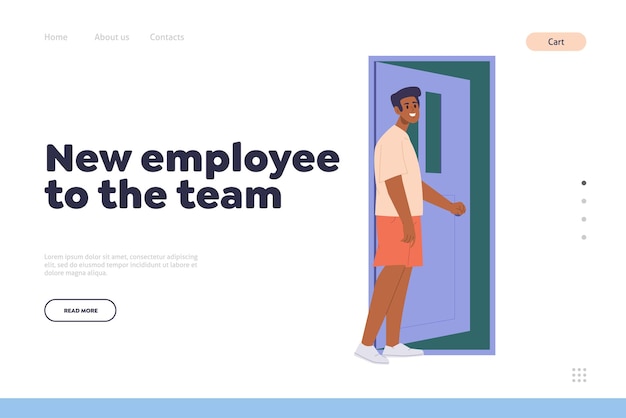Nuevo concepto de empleado a equipo para la plantilla de diseño de página de inicio de negocios con buscador de trabajo a puerta abierta