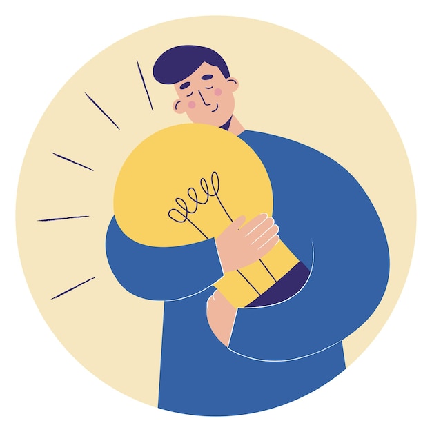 Nuevo concepto de idea con un hombre abrazando gran bombilla ilustración vectorial en estilo plano