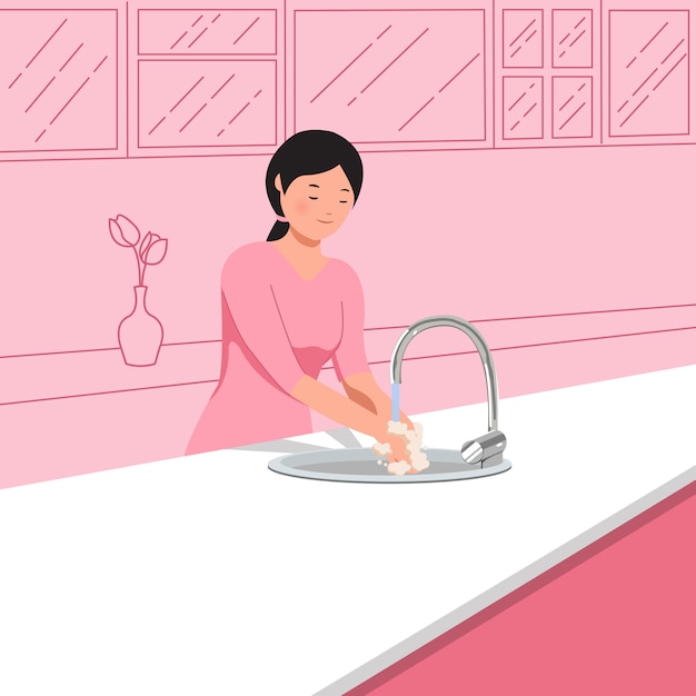 Nuevo concepto normal de la corona del virus de la pandemia. Mujer que se lava las manos en el fregadero de la cocina para evitar propagar covid-19.