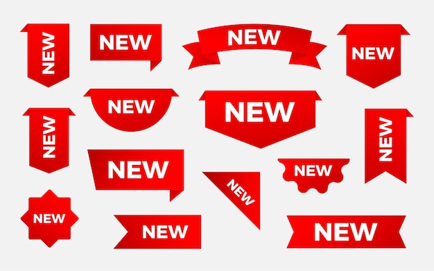 Nuevo conjunto de colecciones de etiquetas Etiquetas de venta Descuentos cintas rojas pancartas e iconos Etiquetas de compra Íconos de venta Ilustración vectorial aislada en rojo sobre fondo blanco