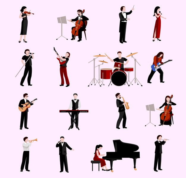 Nuevo conjunto de dibujos animados de música de jazz con cantantes en vestidos brillantes intérpretes en saxofón violonchelo banjo aislados