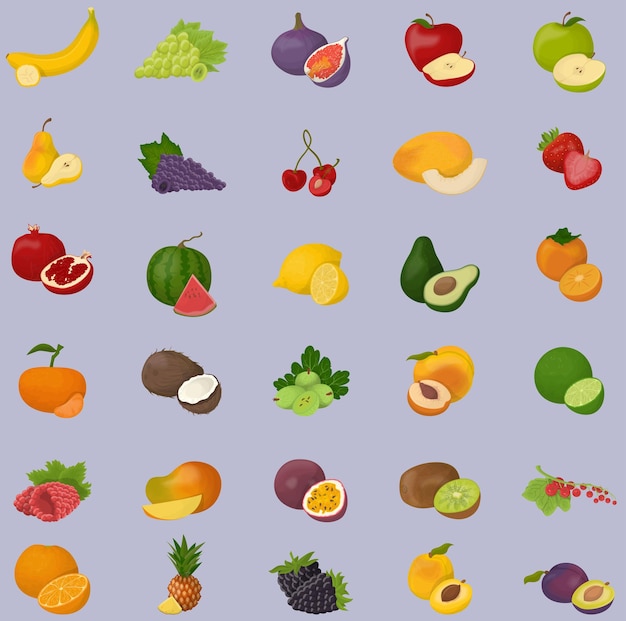 Nuevo conjunto de frutas aisladas sobre fondo blanco