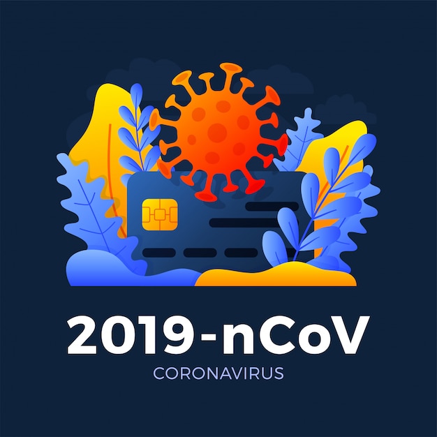 Nuevo coronavirus 2019-nCoV con ilustración de stock de tarjeta de crédito aislado en un fondo oscuro. El concepto de concepto de pagar medicamentos, pastillas. Parte frontal de la tarjeta con un nuevo coronavirus.