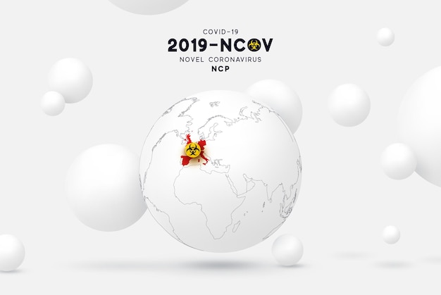 Nuevo coronavirus (2019-ncov). patógeno respiratorio de origen chino coronavirus 2019-ncov. infografía del mapa de europa. virus covid 19-ncp. el ncov indicado es un virus de arn monocatenario.