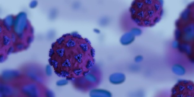 Nuevo coronavirus (2019-nCoV). Virus Covid 19-NCP. El coronavirus nCoV indicado es un virus de ARN monocatenario. Fondo con células de virus 3d realistas. Bacterias virales. ilustración vectorial