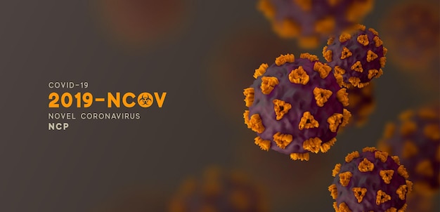 Nuevo coronavirus (2019-nCoV). Virus Covid 19-NCP. El coronavirus nCoV indicado es un virus de ARN monocatenario. Fondo con células de virus violeta y naranja 3d realistas. SARS-CoV-2. ilustración vectorial