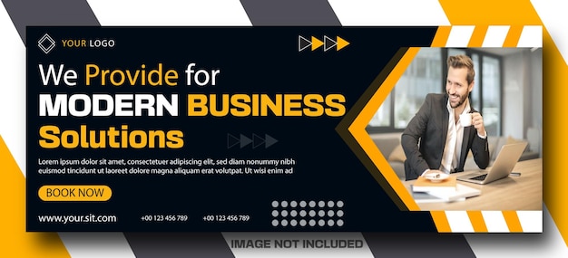 nuevo diseño de banner profesional de negocios con color amarillo y azul oscuro con imagen