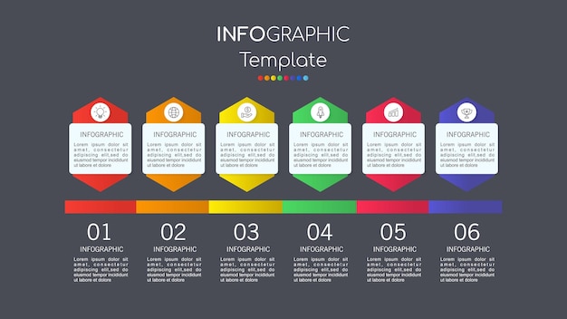 El nuevo diseño hexagonal conecta 6 etapas en el diseño infográfico de planificación y marketing empresarial.