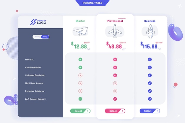 Nuevo diseño moderno de plantilla de tabla de precios de 3 planes