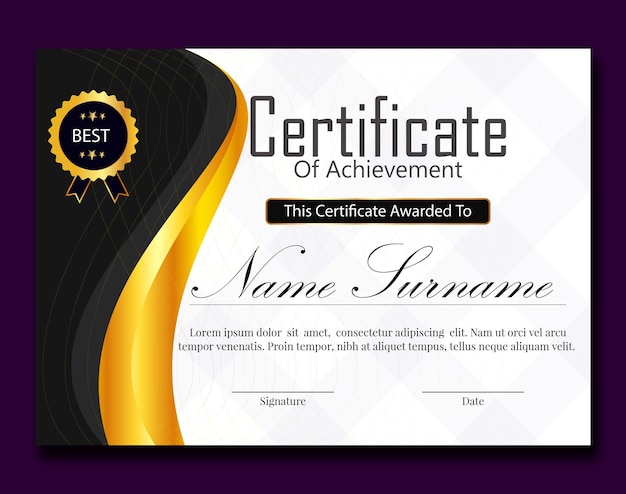 nuevo diseño de plantilla de certificado con elementos de fondo de color negro y dorado