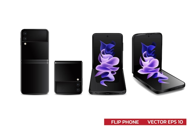 Nuevo dispositivo teléfono volteado teléfono doblado teléfono inteligente buque insignia nuevo diseño en diferentes vistas ilustración vectorial realista