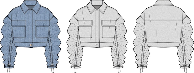 nuevo estilo de moda para mujer chaqueta de mezclilla frente y parte posterior boceto plano vector de dibujo técnico