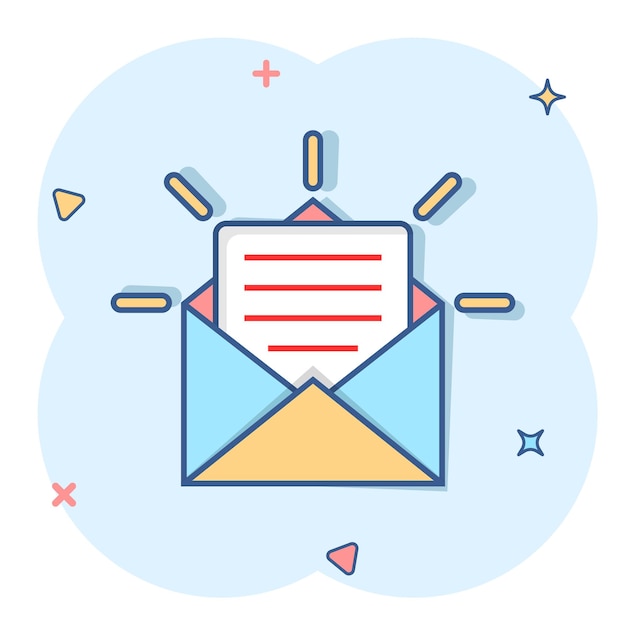 Nuevo icono de mensajes entrantes en estilo cómico Sobre con ilustración de vector de dibujos animados de notificación sobre fondo aislado Efecto de salpicadura de concepto de negocio de signo de correo electrónico