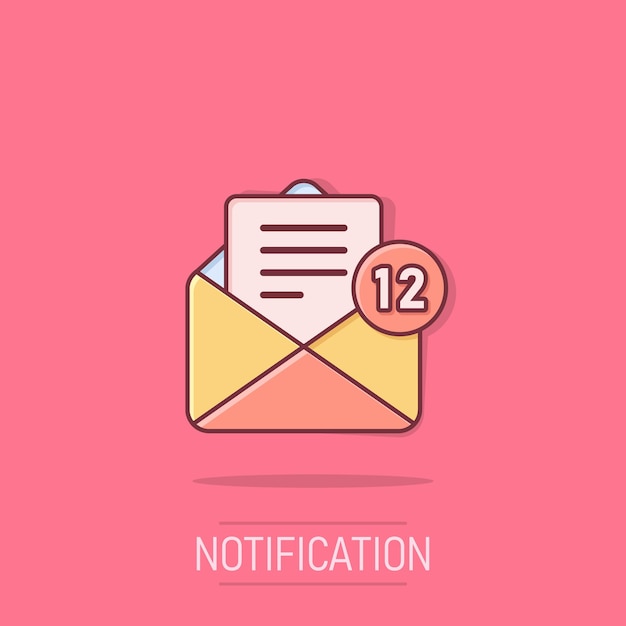 Nuevo icono de mensajes entrantes en estilo cómico sobre con notificación ilustración vectorial de dibujos animados en fondo aislado Signo de correo electrónico concepto de negocio efecto salpicadura