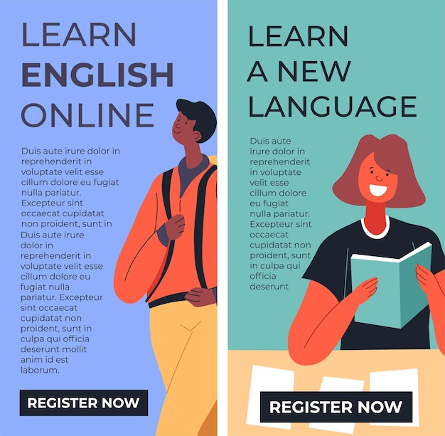 Nuevo idioma aprendiendo inglés en cursos o clases con profesionales Personas con libros de texto y materiales para estudiar practicar Banner del sitio web o página en línea en Internet Vector en estilo plano