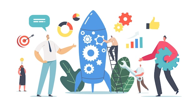 Nuevo miembro del equipo, personaje recién llegado, participa en el lanzamiento de un cohete, empresarios que lanzan un proyecto empresarial de inicio. Planificación, estrategia y realización de ideas financieras. Ilustración de Vector de gente de dibujos animados
