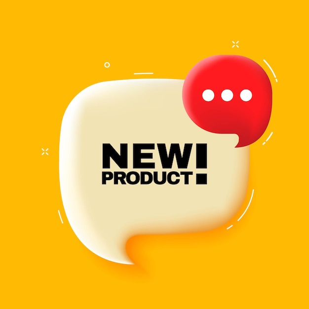 Nuevo producto Burbuja de voz con texto de nuevo producto Ilustración 3d Estilo de arte pop Icono de línea vectorial para negocios y publicidad