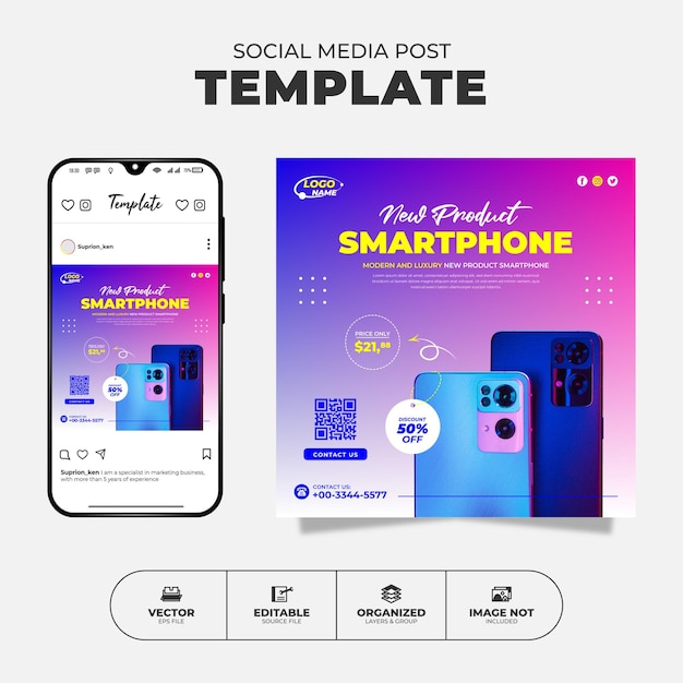 Vector nuevo producto venta de teléfonos inteligentes plantilla de publicación de instagram en redes sociales para promoción
