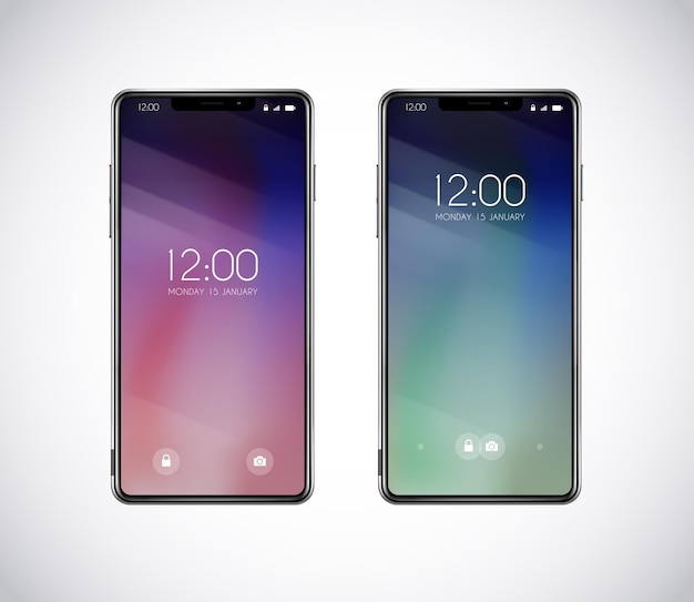 Nuevo prototipo de teléfono inteligente frontal aislado Móvil con fondo y pantalla de hora Modelo de maqueta