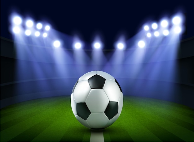 Nuevo reflector del estadio de fútbol y fondo del marcador con vector de luz brillante
