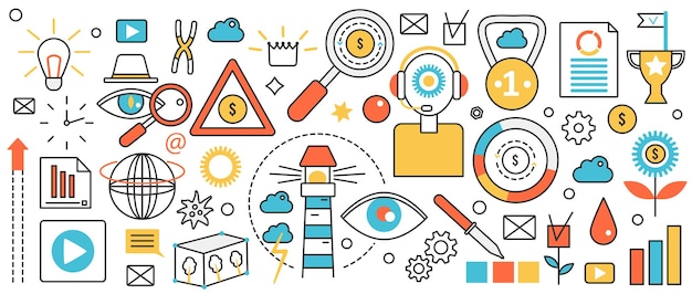Nuevos desafíos y logros empresariales Lupa abstracta para objetivos buscar crecimiento de dinero y apoyar idea creativa de bombilla brillante en concepto infográfico banner diseño de arte de línea delgada