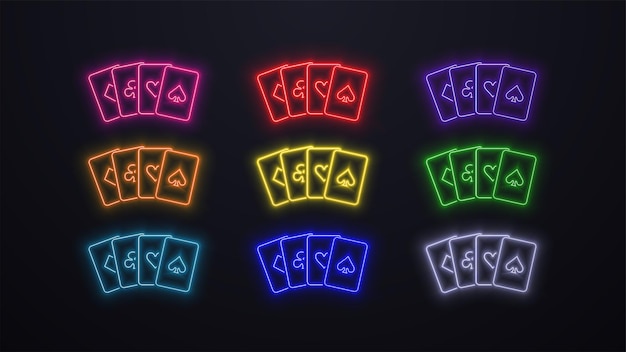 Nuevos íconos de cartas de póquer brillantes y brillantes en diferentes colores sobre un fondo oscuro Un concepto para un casino