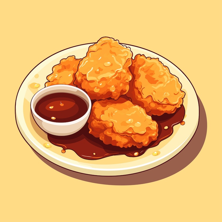 Vector nuggets de pollo frito crujiente en una ilustración de plato en un vector de estilo de dibujos animados