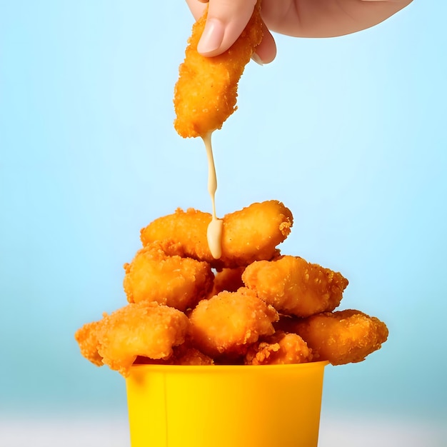 Vector nuggets de pollo en la mano corriendo salsa sobre la pila de piezas de pollo restantes