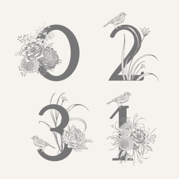 Numeral 0 1 2 3 con flores peonias decorativas hierbas y pajaritos set
