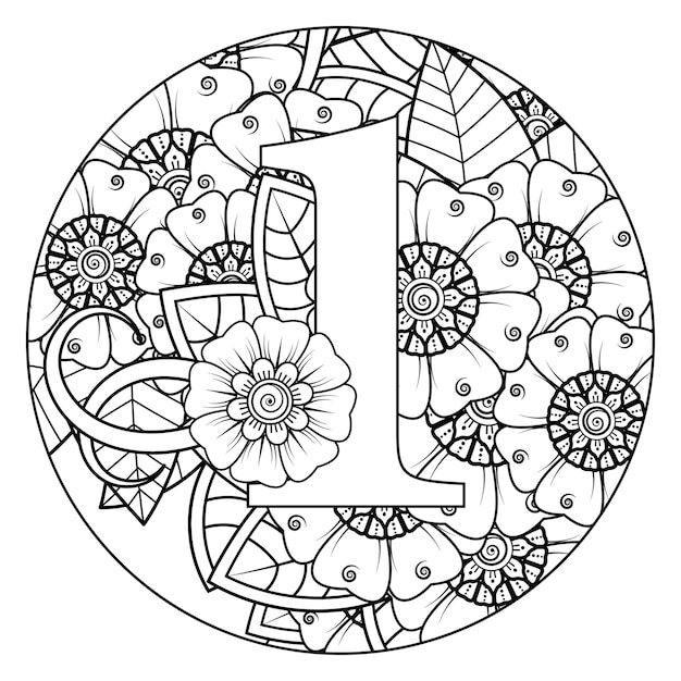 Número 1 con adorno decorativo de flores Mehndi en estilo étnico oriental para colorear página de libro