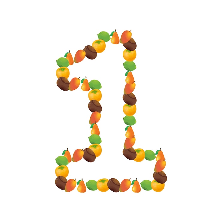 Vector número 1 dibujado con fruta sobre fondo blanco