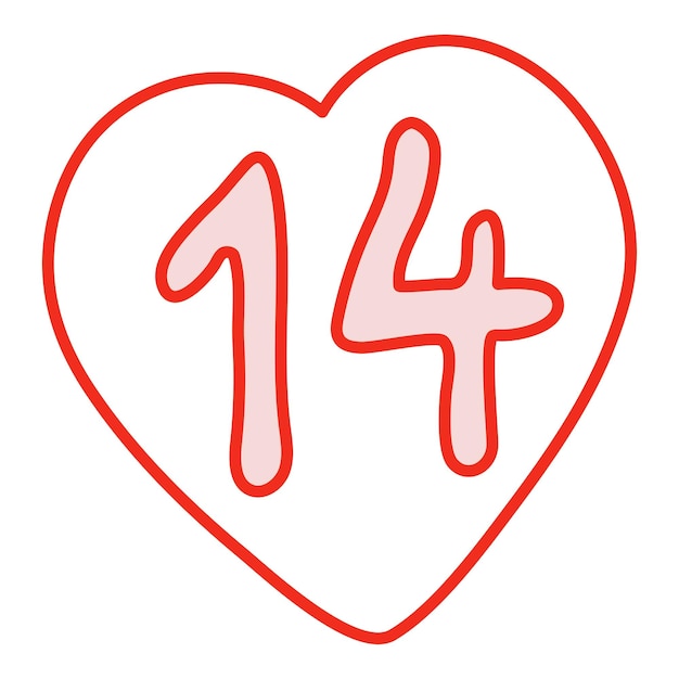 Número 14 en un corazón Esquema Fecha de calendario dibujada a mano Ilustración vectorial