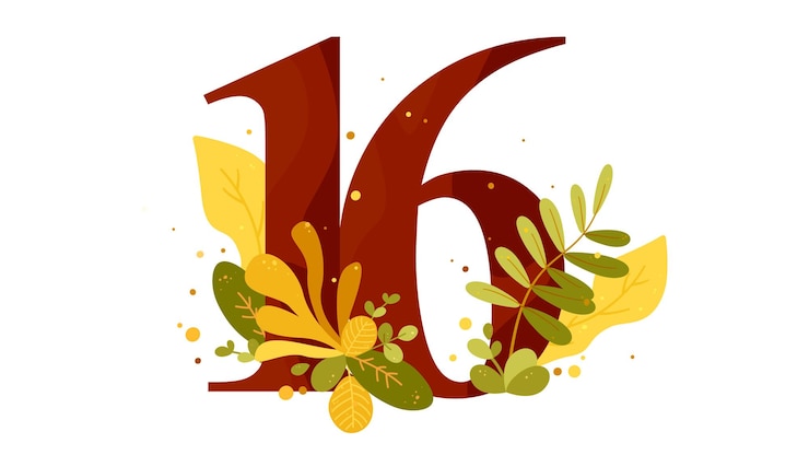 Vector número 16 para tarjetas de felicitación carteles invitaciones decoración de plantas hojas exóticas decimosexto cumpleaños