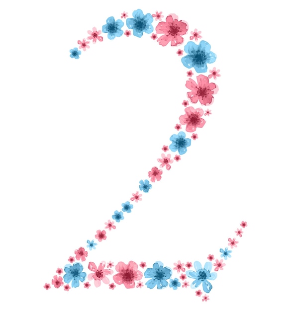 Número 2 de acuarela flores rosas y azules Símbolo de número para postales